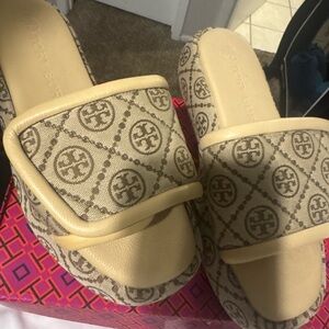 Tory Burch Beige and Brown Monogram Sandals